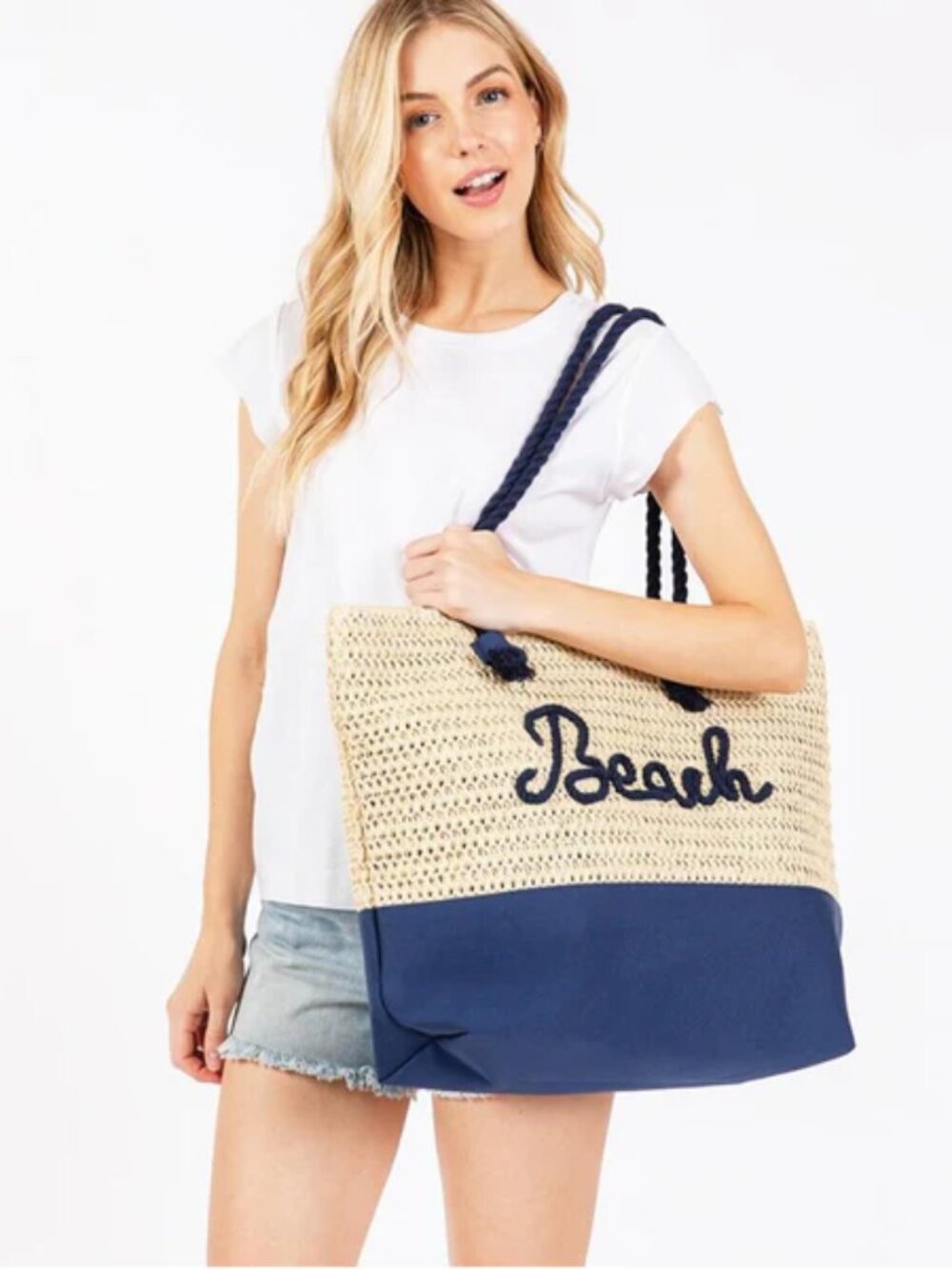 Navy Canvas & Woven Straw Tote Bag